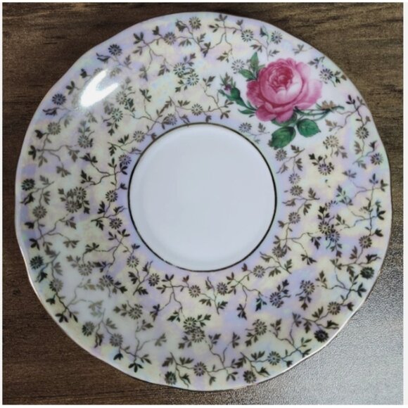 D - Dresden Porcelain Saucers Plates Iridescent w/Rose‎ and Gold Trim Set of 2 - Picture 3 of 9